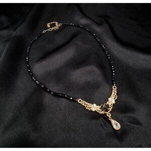 Vintage 1928 Signed Gold-Toned Necklace With Black Beads & Crystal Teardrop Pend